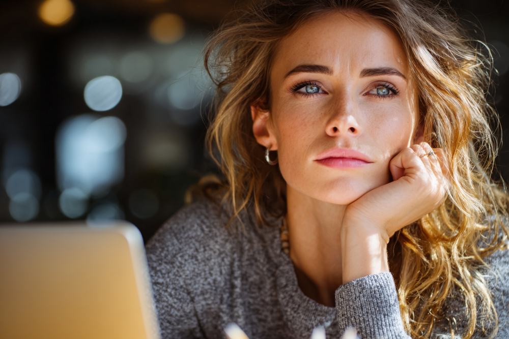 Woman resting her chin on her hand beside a laptop, weighing whether to file for divorce first