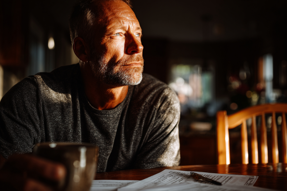 Man seated at a wooden table with a mug and paperwork in low light, considering how divorce works in Woburn