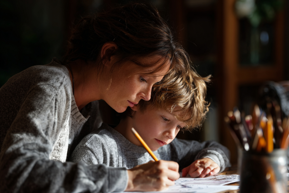 Mother and young son drawing together at a table with coloured pencils, representing a Massachusetts parenting plan