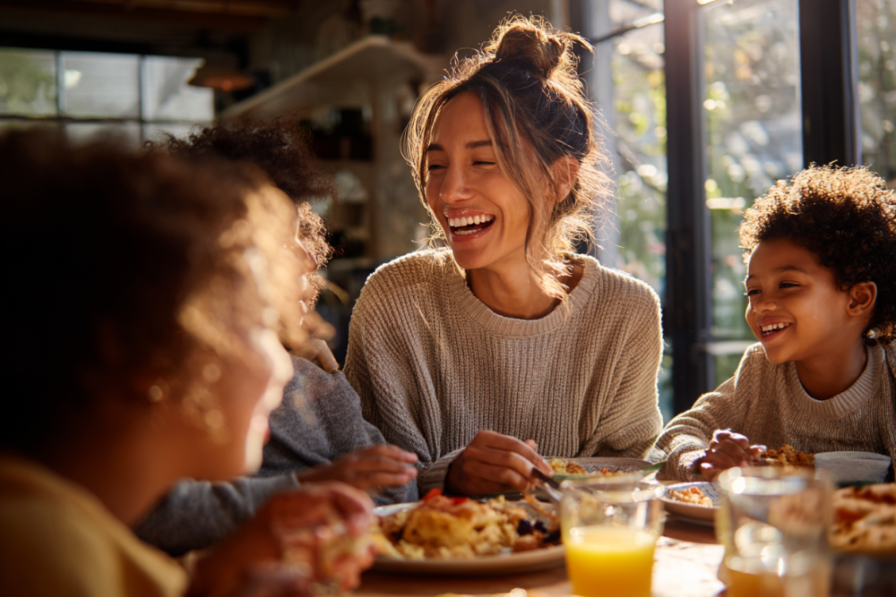 Family laughing together over a meal at a sunlit kitchen table, representing families formed through adoption