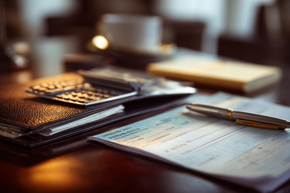Leather folder, calculator, pen and a printed payment form on a desk, representing spousal support and alimony