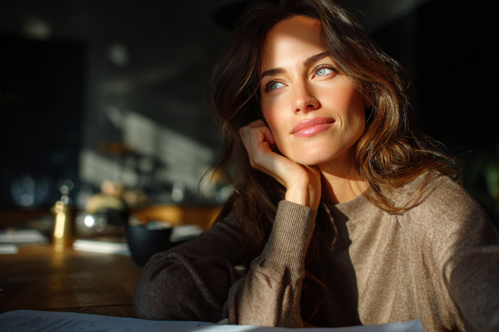 Woman resting her chin on her hand at a sunlit table with paperwork in front of her