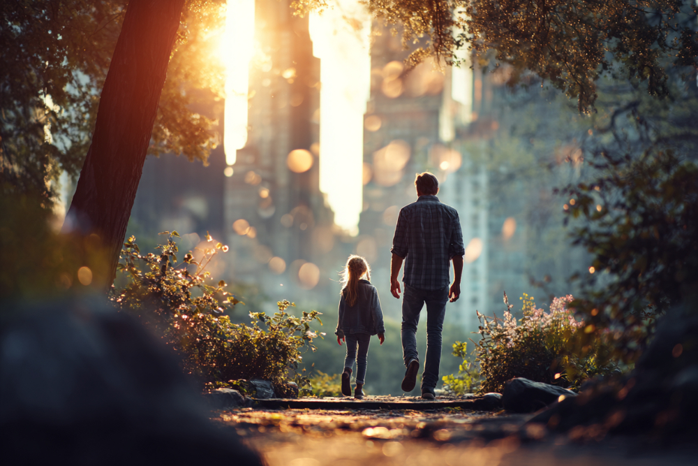 Parent and young daughter walking hand in hand along a wooded path in dappled sunlight
