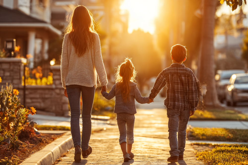 Parent walking hand in hand with two children along a suburban street at sunset, representing families moving forward after a Massachusetts divorce