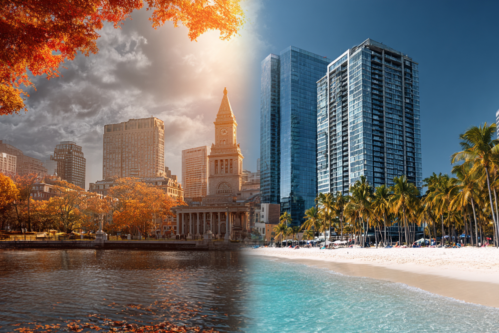 Split image contrasting a New England city waterfront in autumn with a Florida beach and palm trees, illustrating a divorce that spans Massachusetts and Florida