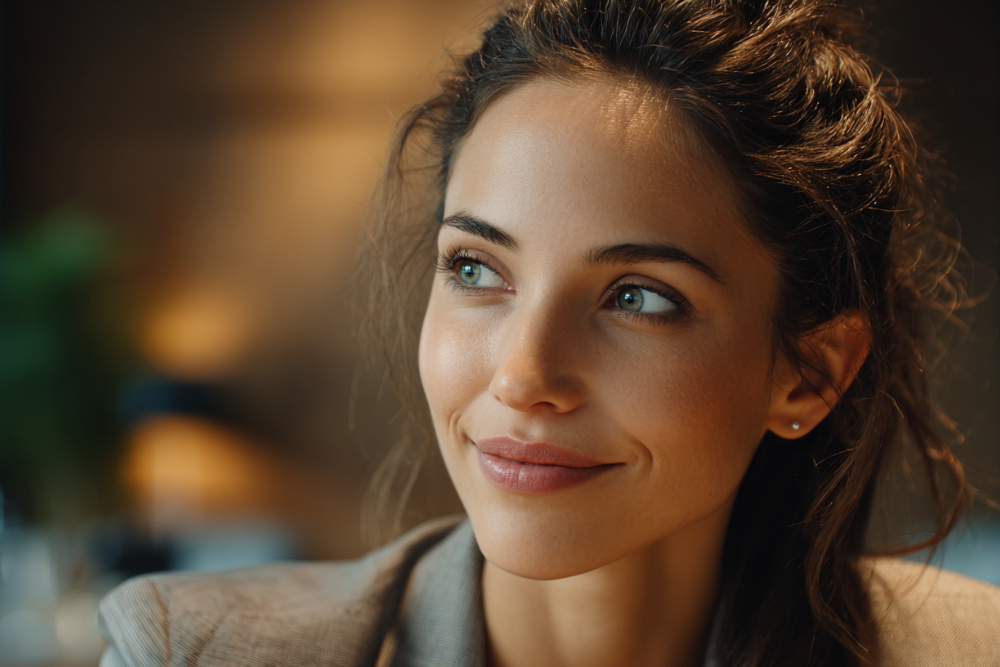 Close-up of a smiling woman in a tan blazer in a warmly lit office