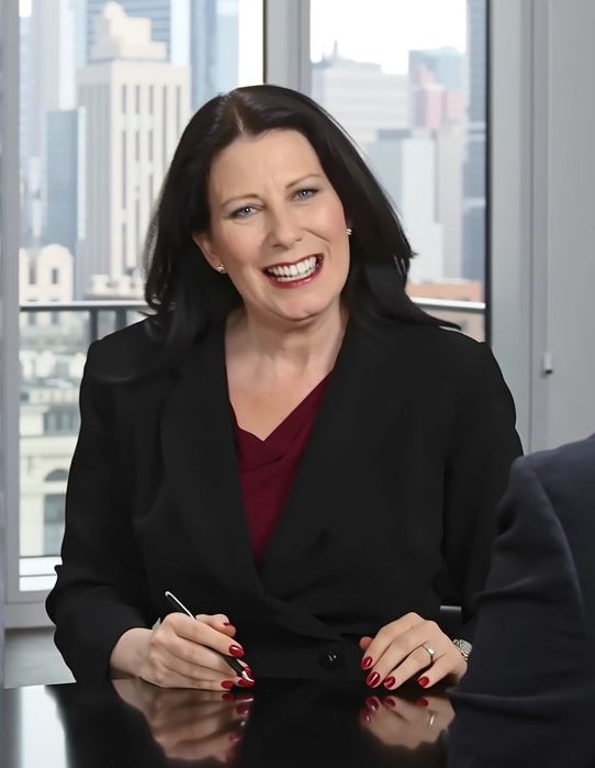 Attorney seated at a table with a city skyline visible through the windows behind her