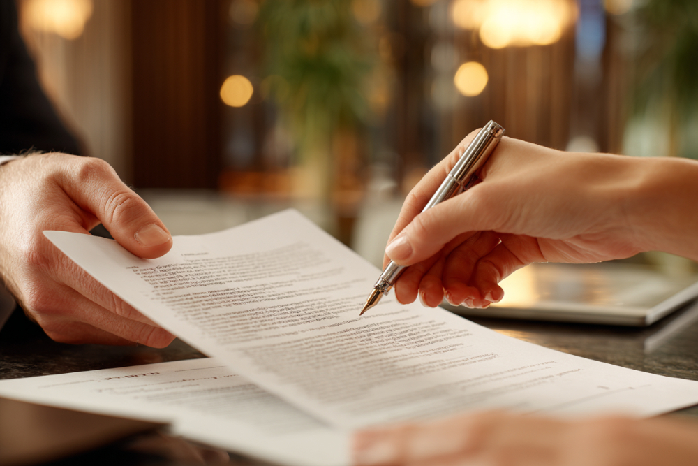 Two hands exchanging a document across a table, one holding a pen, representing agreement reached in divorce mediation