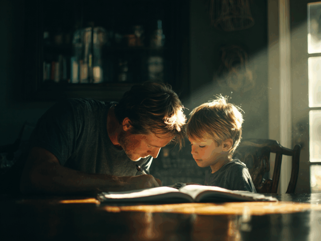 Father and young son reading together at a kitchen table, representing parenting time under a Massachusetts parenting plan