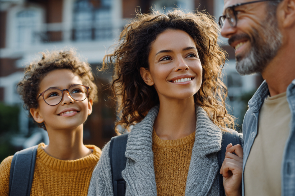Two parents and their son standing together outdoors, representing divorce mediation when children are involved
