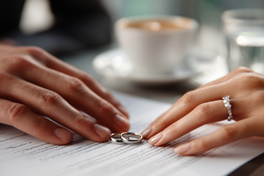 Two hands over a document on a table with wedding rings set between them, representing a prenuptial agreement