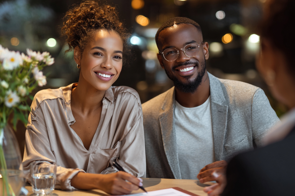 Young couple seated at a table with paperwork and a pen while discussing a family law matter