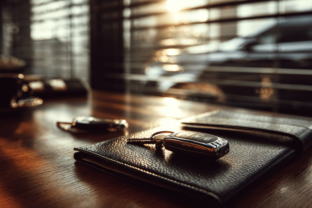 House keys, a car key, and a leather wallet on a desk, representing marital property divided in a Massachusetts divorce