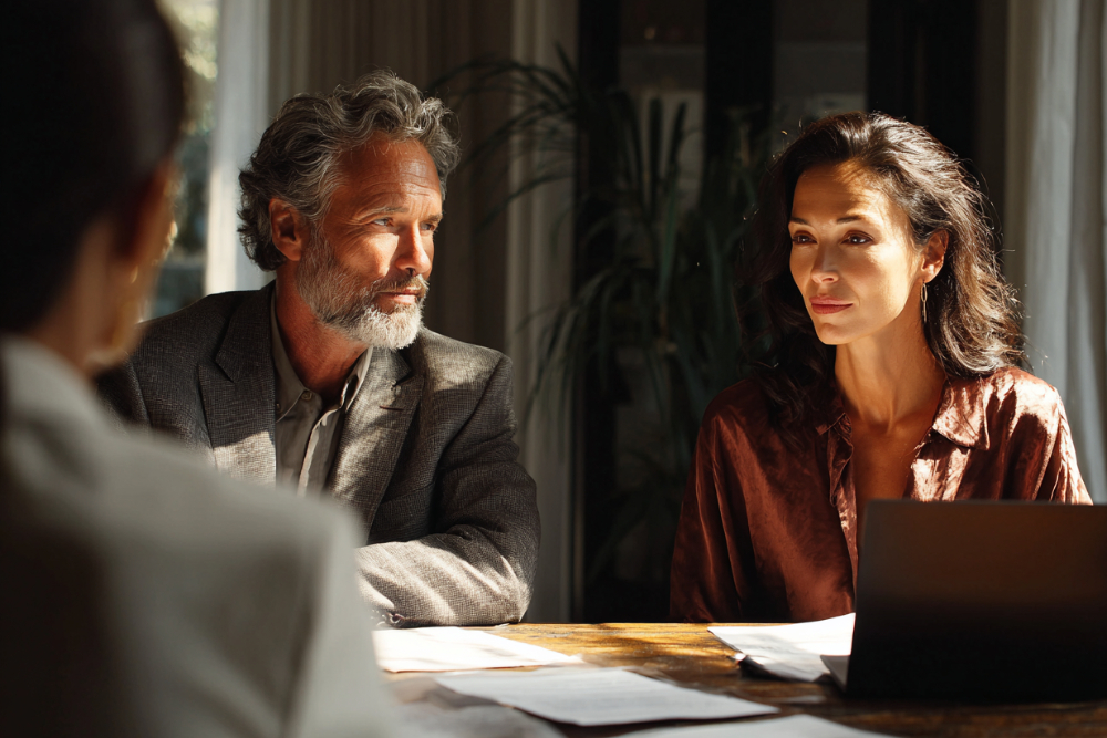 Two clients seated across from an attorney with a laptop and paperwork during a divorce consultation