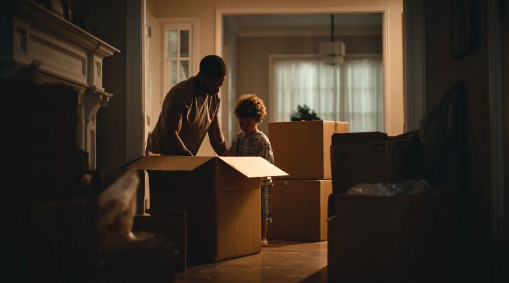 Father and child looking into a moving box among stacked boxes, representing relocation after a Massachusetts divorce