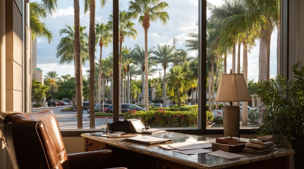 Empty office desk beside windows overlooking a palm-lined parking lot, representing the Florida divorce process