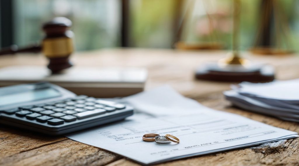 Gavel, calculator, legal document, wedding rings and scales of justice on a table, representing the tax implications of divorce