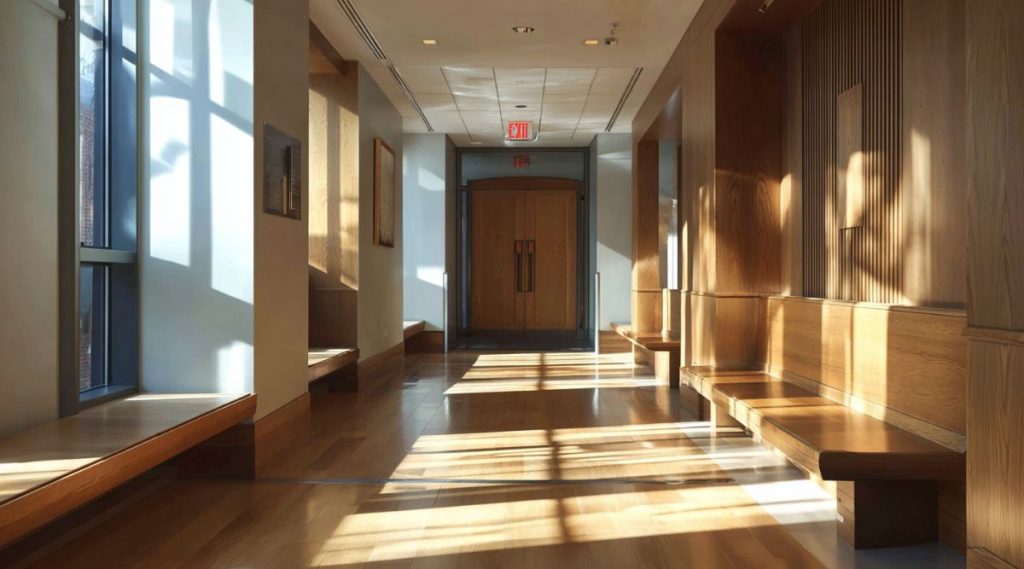 Empty wood-panelled courthouse corridor with benches and sunlight across the floor, representing the Massachusetts divorce timeline