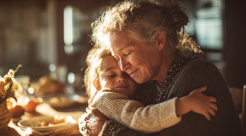 Grandmother embracing her granddaughter at a family table, representing grandparents' rights in Massachusetts