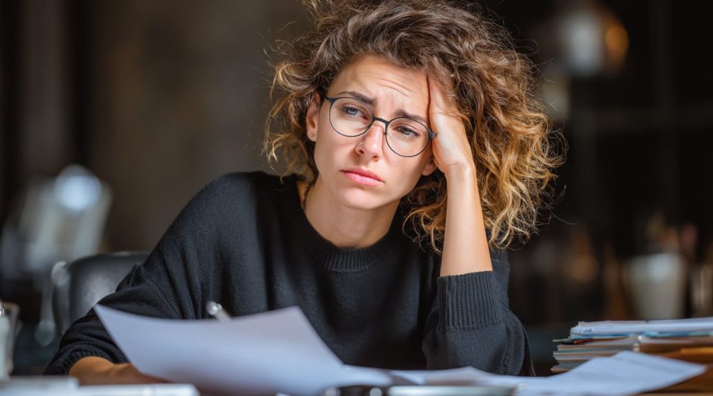 Woman in glasses resting her head on her hand over paperwork at a desk