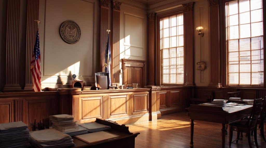 Empty wood-panelled courtroom with the judge's bench and flags, showing what to expect in Massachusetts family court