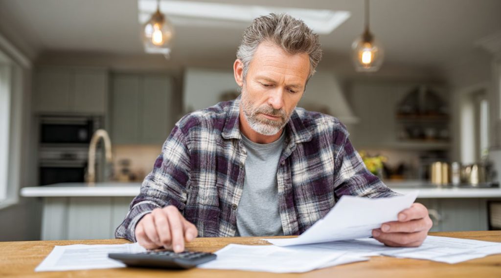 Man at a kitchen table using a calculator to review retirement account statements during a Massachusetts divorce