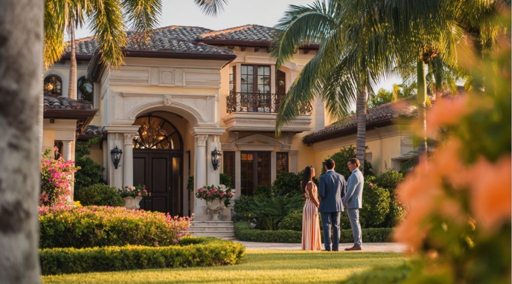 Two people talking on a walkway outside a large Mediterranean-style home in Palm Beach County, representing a high net worth divorce
