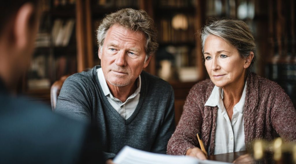 Older couple seated across from an adviser with a pen and paperwork, discussing a separation agreement