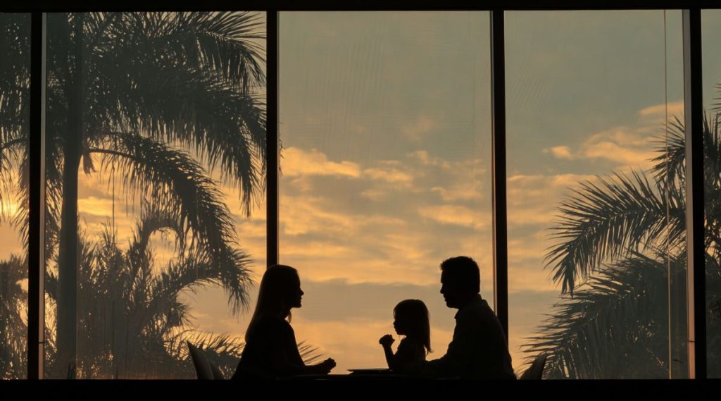 Silhouettes of two parents and a child at a table against windows framing palm trees at sunset, representing a Florida parenting plan