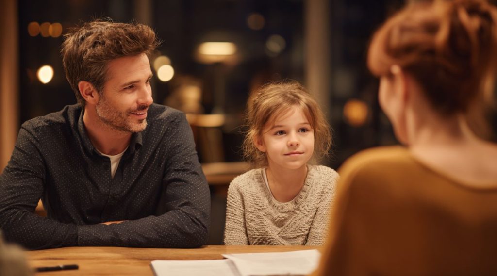 Father and young daughter smiling at a table while a parent looks on, representing Florida child visitation