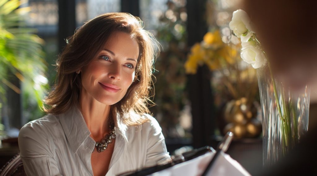 Woman smiling during a meeting beside a vase of white flowers, representing enforcement of a Florida divorce judgment