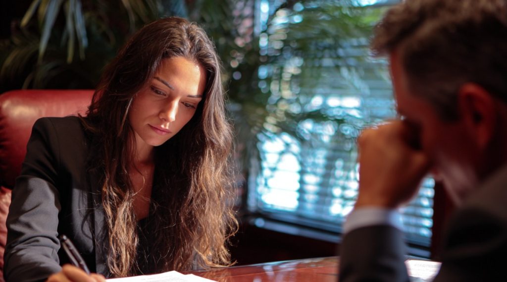 Attorney taking notes at a desk while a client sits with his head in his hand, representing a Florida contempt filing