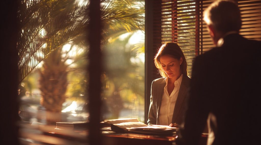 Attorney reviewing an open binder at a desk with a client seated opposite, representing modification of Florida child support