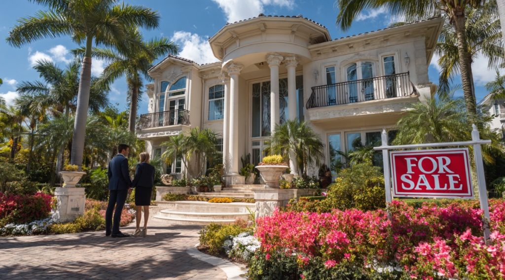 Two people outside a large columned Mediterranean home framed by palms, representing real estate division in a Florida divorce
