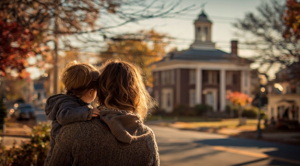 Mother carrying her young child near a brick building with white columns and autumn trees, representing how custody is decided in Wakefield