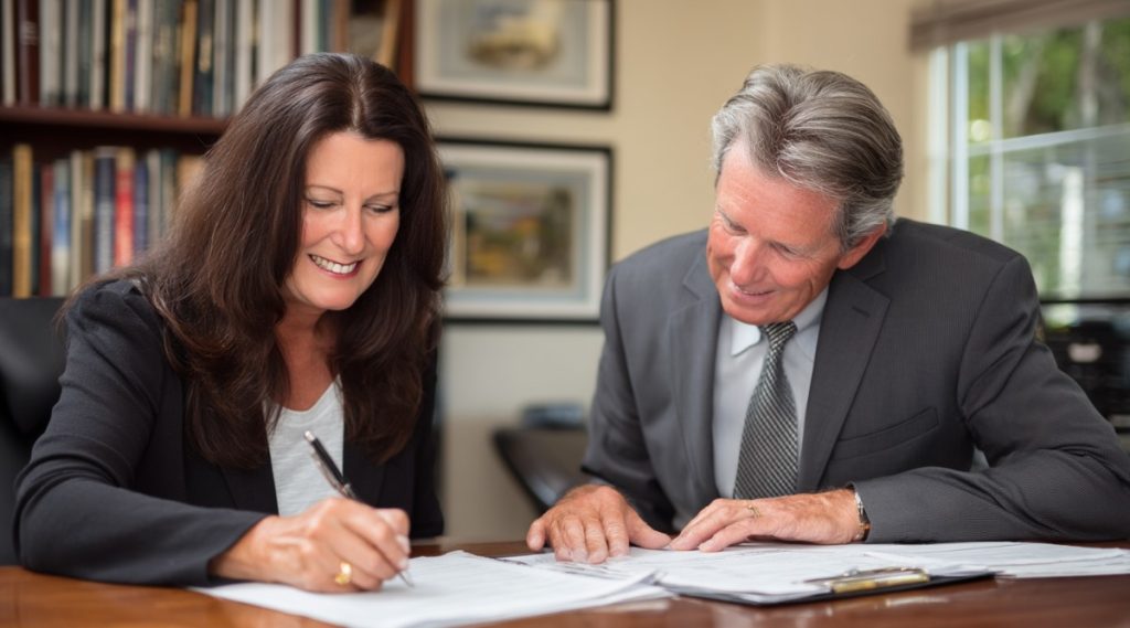 Two people reviewing paperwork at a desk in a book-lined office, representing modification of child support in Reading