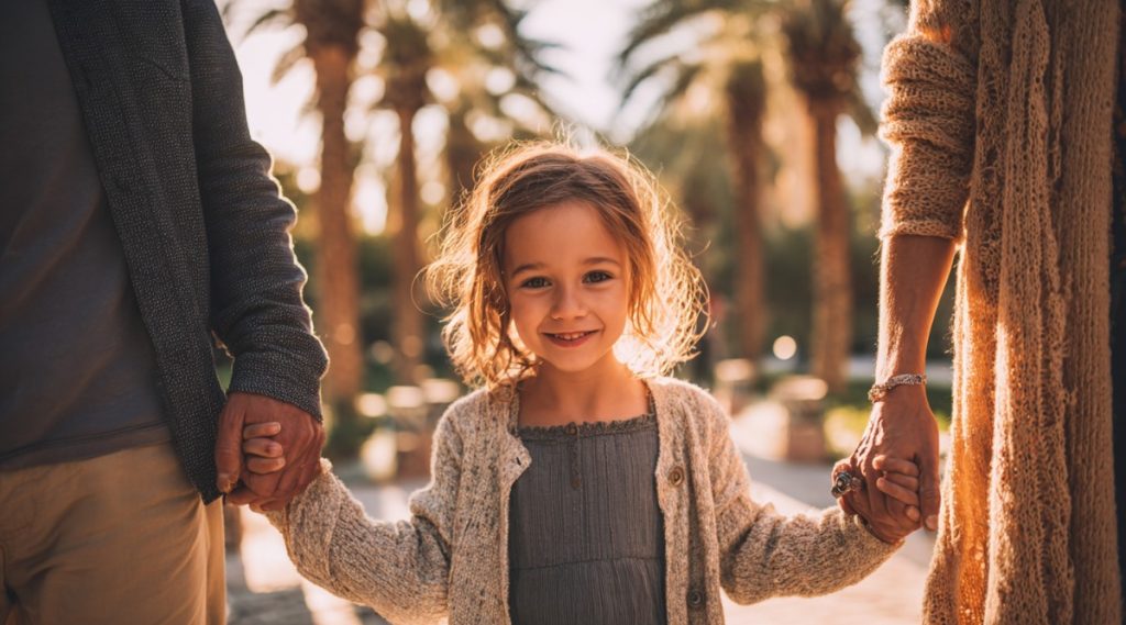 Young girl holding both parents' hands outdoors among palm trees, representing co-parenting after a Florida divorce