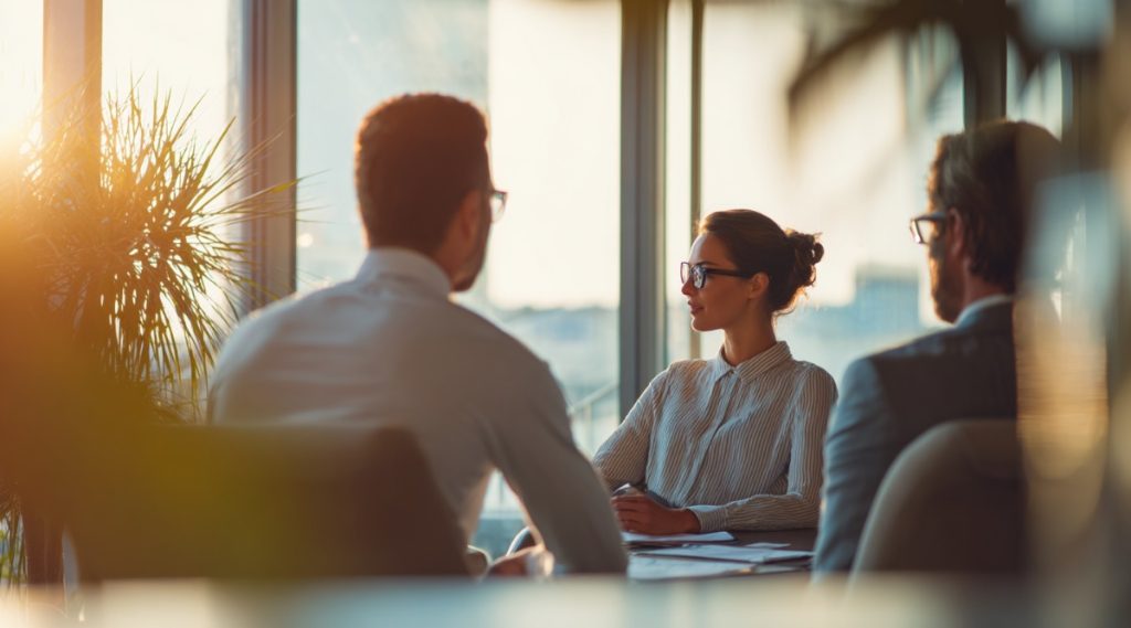 Three people meeting at a table beside large windows, weighing mediation as an alternative to litigation