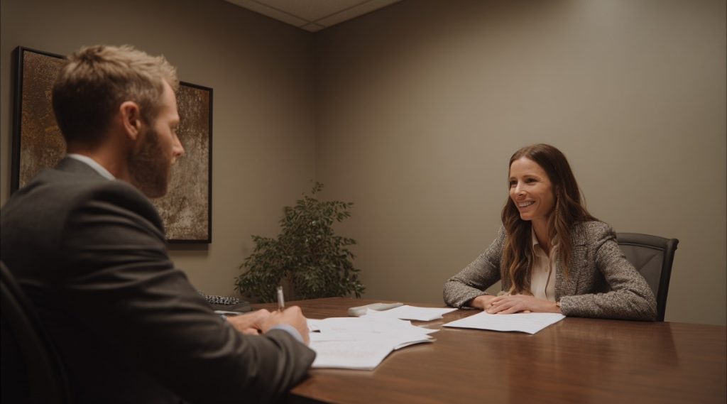 Two people at a conference table, one signing documents, weighing mediation against litigation