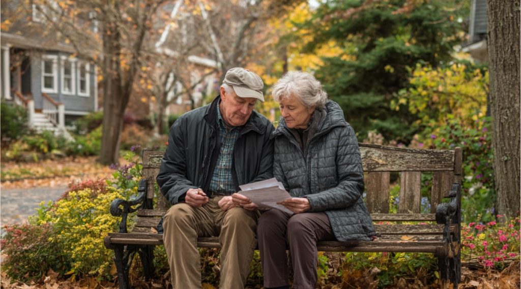 Older couple reading a document together on a park bench among autumn leaves, representing grandparents' rights in Arlington