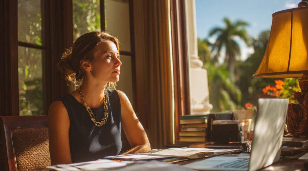 Woman at a desk beside a window with a palm tree outside, considering a post-judgment modification
