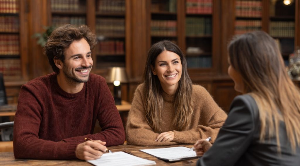Three people meeting at a table in a room lined with bookshelves, discussing prenuptial agreements and property division