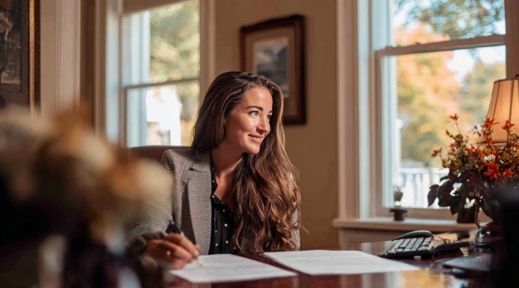 Woman writing at a desk beside a window framing autumn foliage, considering filing first in a Winchester divorce
