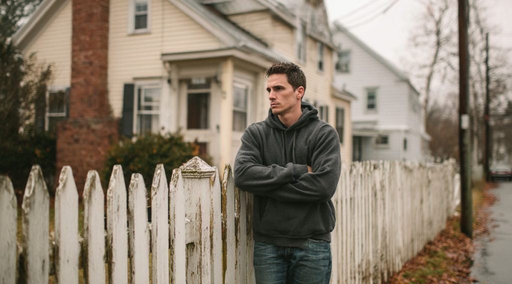 Man leaning against a white picket fence on a residential street, representing enforcement of visitation orders