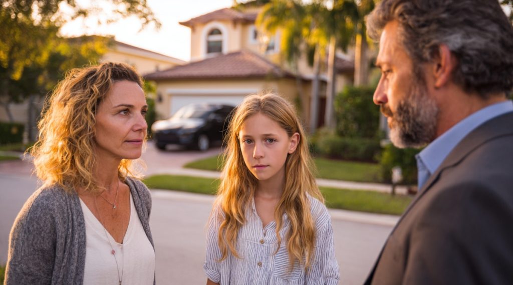 Two parents and their daughter on a residential street at sunset among palms, representing custody and school zones