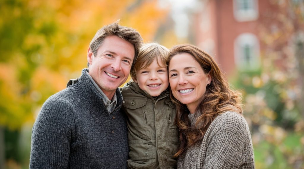Two parents and their son outdoors among yellow and orange autumn foliage, representing co-parenting after divorce