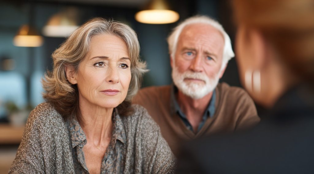 Older couple seated under pendant lights facing an adviser, representing the divorce process in Boca Del Mar