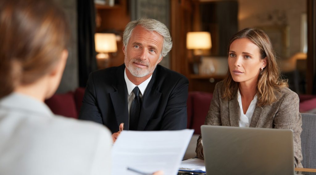 Two clients at a table with a laptop meeting an adviser, discussing spousal support