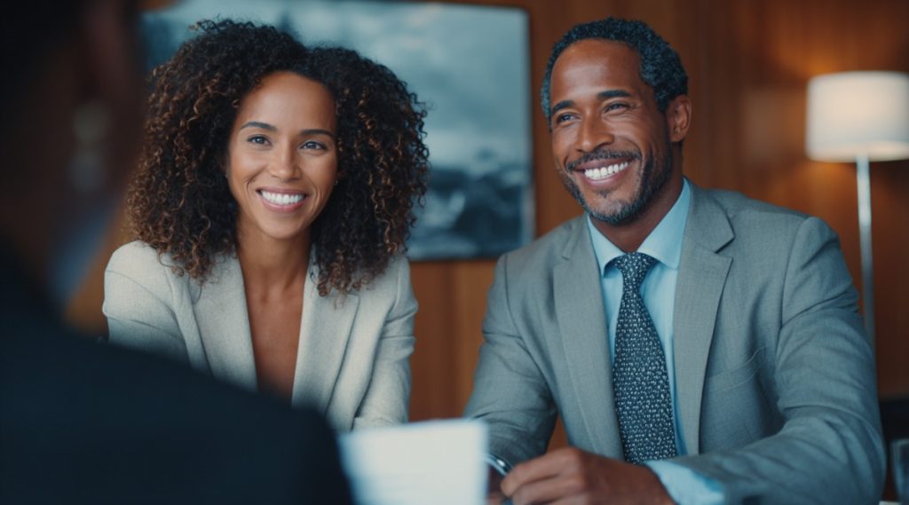 Couple smiling at a table with a pen and paperwork, discussing alimony and financial planning
