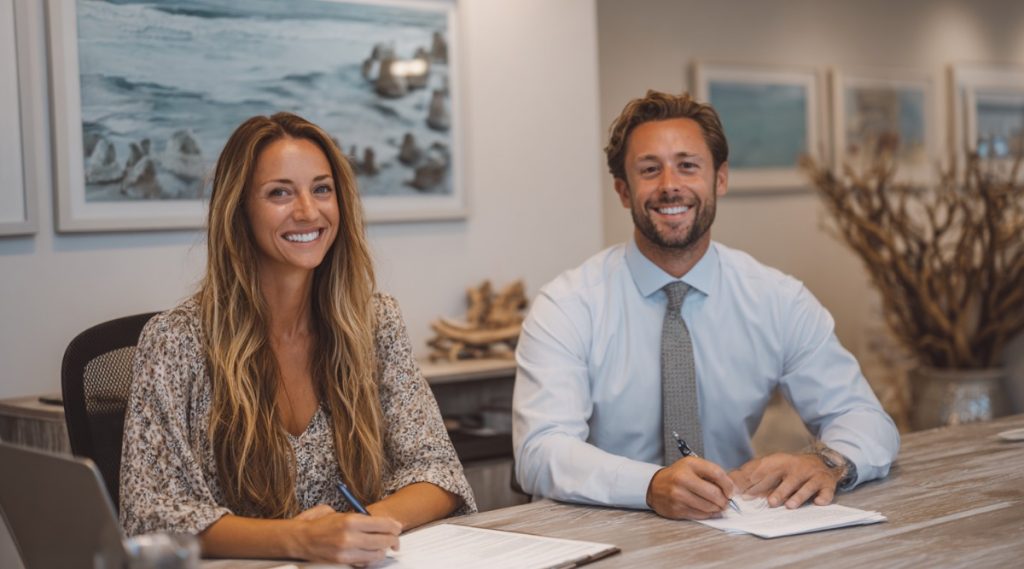 Couple smiling at a wooden table beneath framed coastal artwork, representing collaborative divorce in Highland Beach